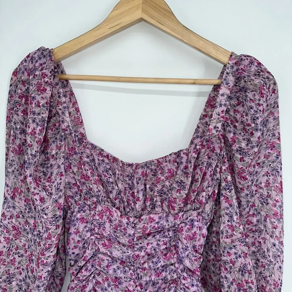 ZARA Floral Print Draped Long Sleeve Ruffle Mini Dress Bloggers Fav Pink/ Purple - Picture 6 of 12